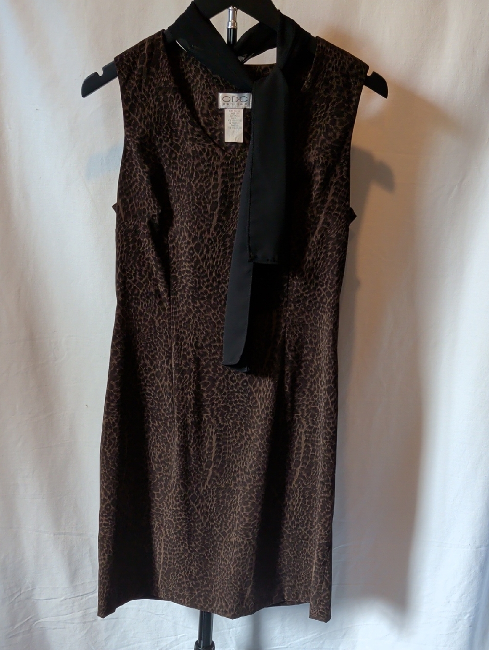 Vintage CDC Brown Animal-Print Midi Dress with Black Neck Tie
